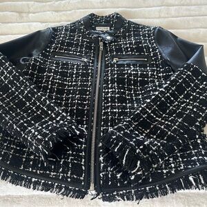 Chic Black and White Tweed Leather Jacket